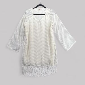 Skies Are Blue Dress Womens Size Small Cream Textured Boho Tassels Pom Pom Tunic